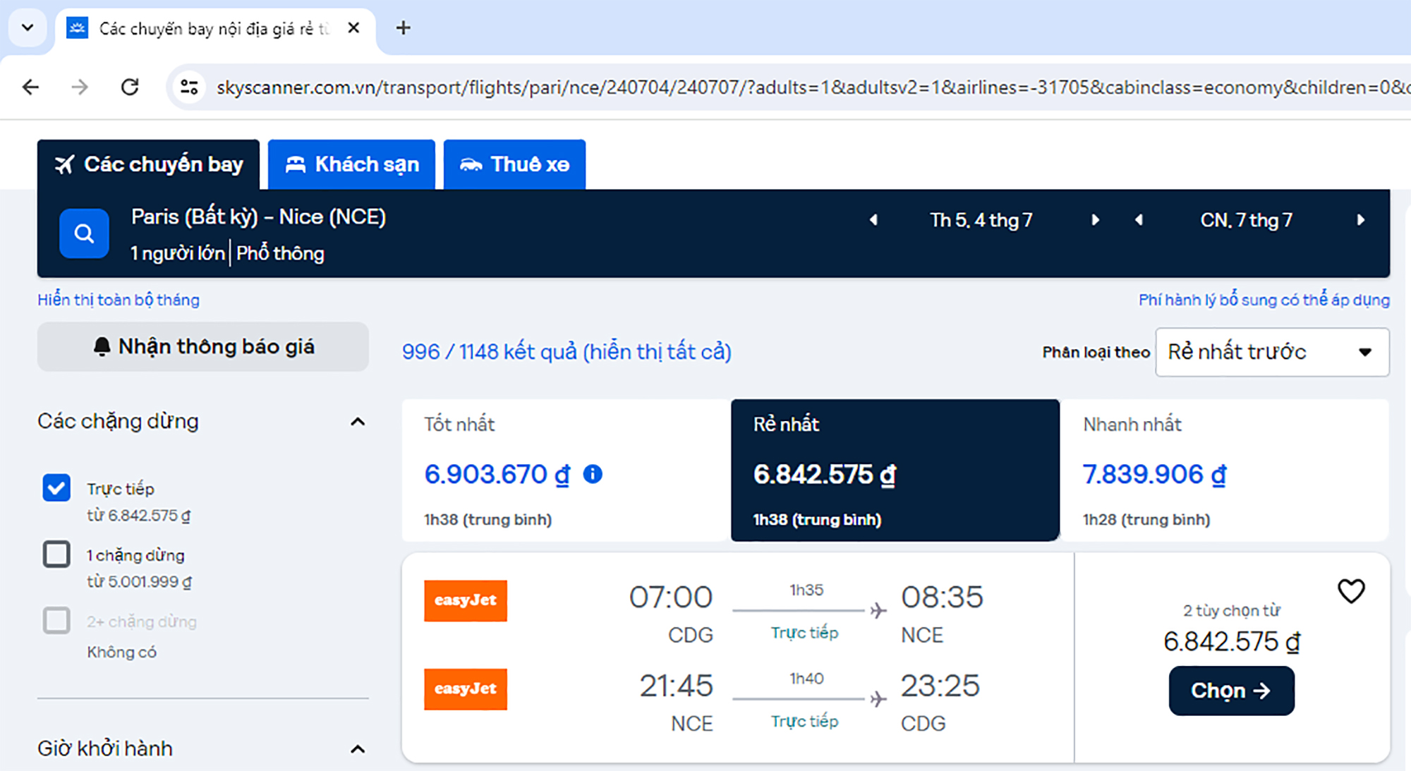 Vé chặng bay Paris - Nice (nội địa Pháp) có giá từ 6,8 - 7,8 triệu đồng, cao hơn nhiều so với giá vé chặng nội địa tương đương của Việt Nam là Hà Nội - Đà Nẵng.