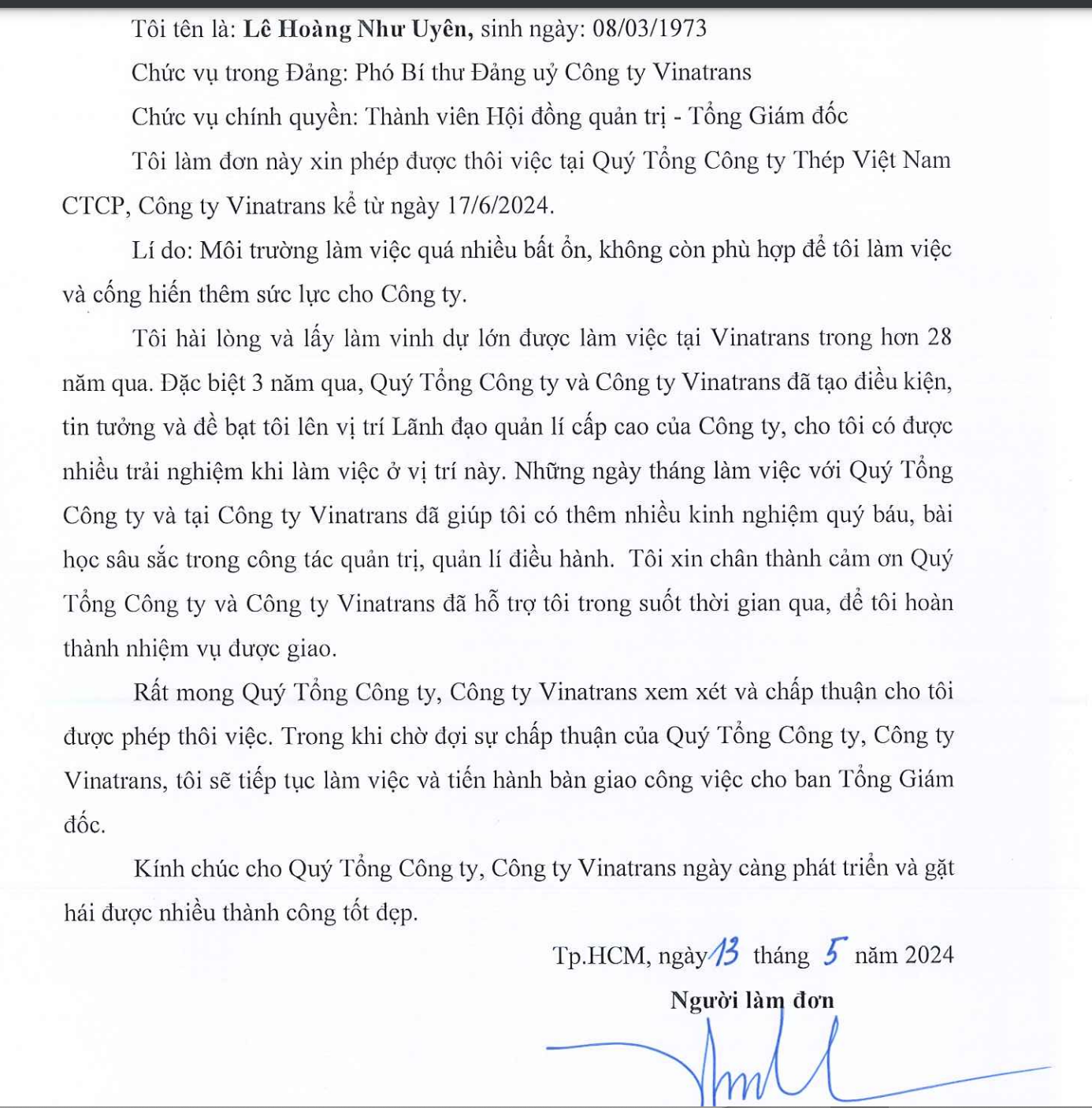 Đơn xin nghỉ việc của Tổng gi&aacute;m đ&ocirc;c Vinatrans.&nbsp;