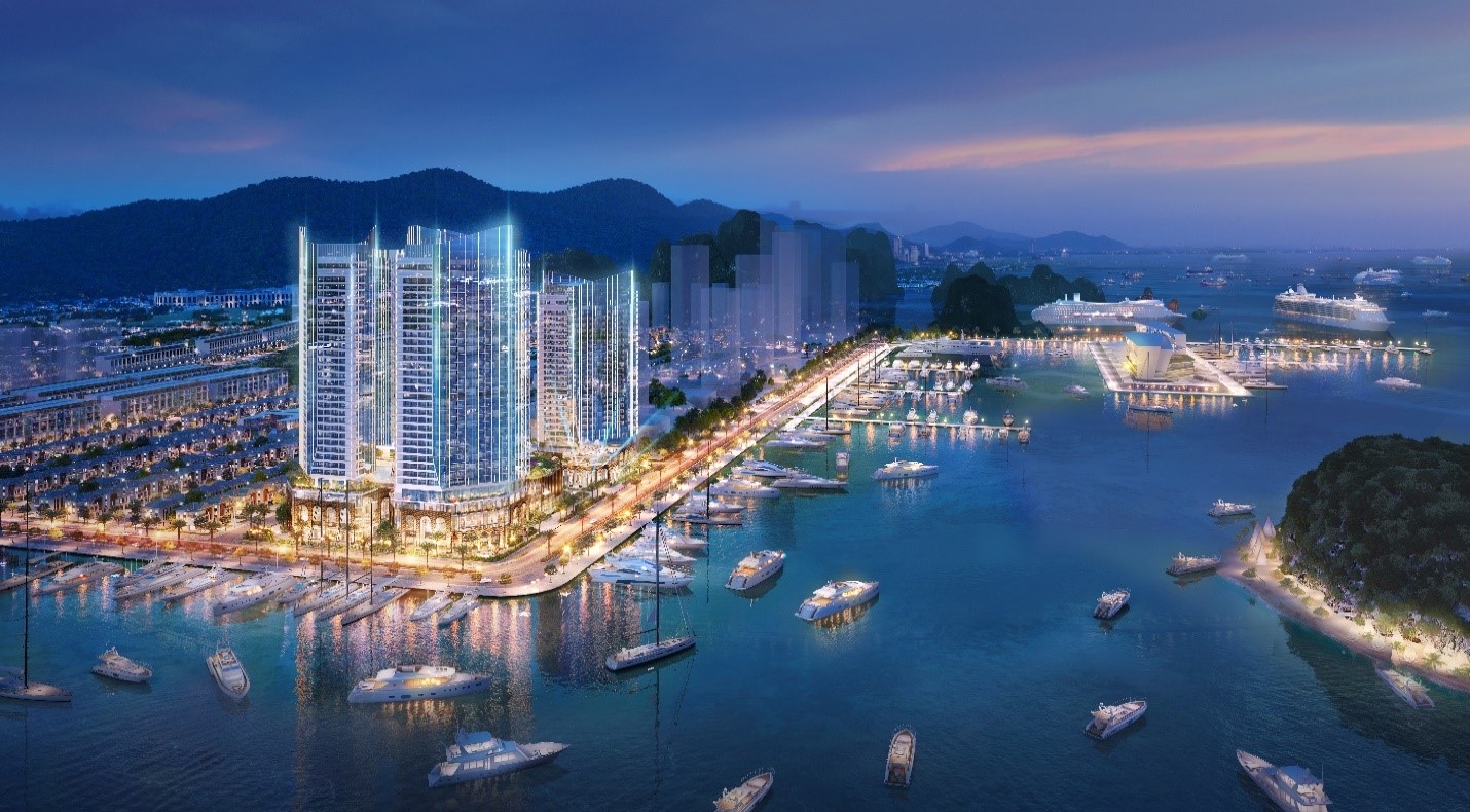 Khung cảnh sầm uất của Thương cảnh Vân Đồn trong tương lai với điểm nhấn là dự án Crystal Holidays Harbour Vân Đồn, cung cấp hơn 2.000 phòng khách sạn và căn hộ du lịch “Resort apartment” tiêu chuẩn 5 sao quốc tế.
