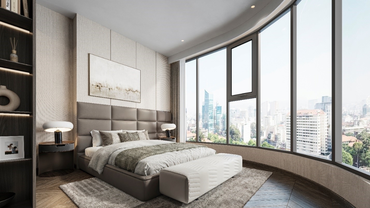 Căn hộ tại tòa The Atmos - LUMIÈRE Evergreen sử dụng kính Low-E vòng cung tràn viền mang đến tầm view panorama độc đáo. (Ảnh phối cảnh dự án).
