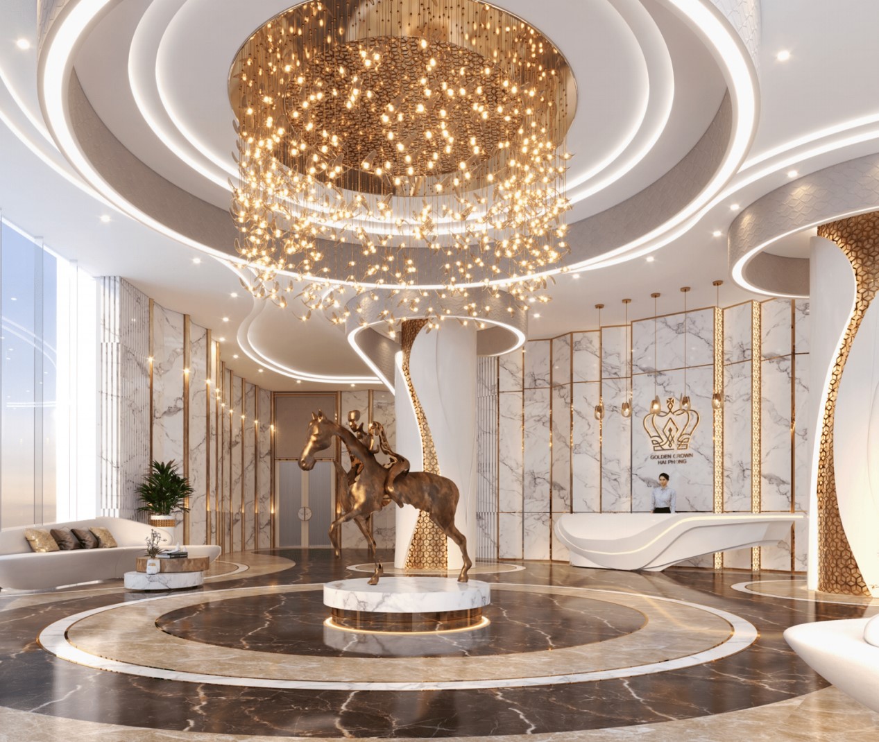 Sảnh v&agrave;ng vương giả tại Golden Crown Hai Phong, thiết kế cầu kỳ với trải nghiệm dịch vụ như kh&aacute;ch sạn 5 sao v&agrave; kiến tr&uacute;c cầu kỳ của những t&ograve;a l&acirc;u đ&agrave;i.