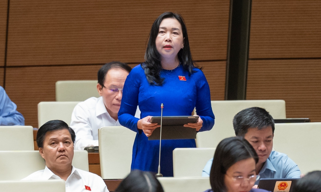 Đại biểu Lý Tiết Hạnh, Đoàn Đại biểu Quốc hội tỉnh Bình Định nhấn mạnh cần làm rõ nguyên nhân khiến việc đầu tư cho y tế cơ sở bị chậm. Ảnh: Quochoi.vn.