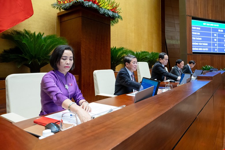 Chủ tịch Quốc hội v&agrave; c&aacute;c Ph&oacute; Chủ tịch Quốc hội biểu quyết th&ocirc;ng qua Nghị quyết.