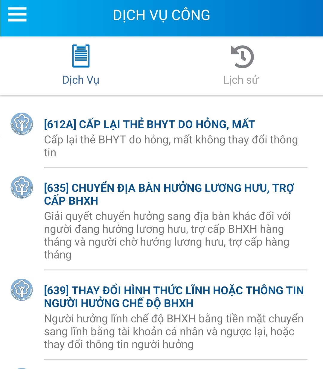 Một số dịch vụ công trên VssID. Ảnh chụp màn hình.