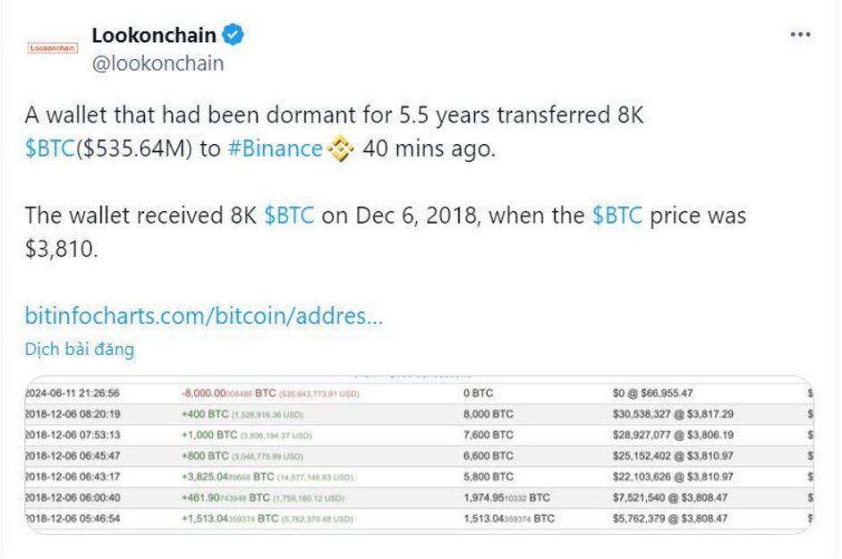 Theo dữ liệu từ Lookchain, một &ldquo;c&aacute; voi&rdquo; Bitcoin đ&atilde; bất ngờ thức giấc sau 5,5 năm.