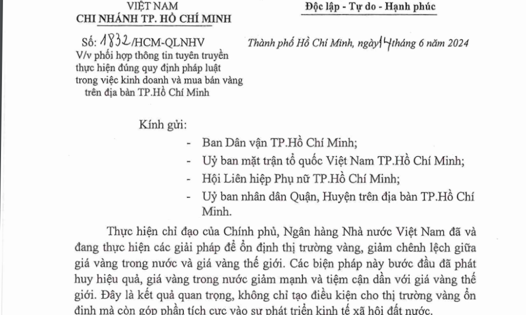 Thông báo từ Ngân hàng Nhà nước chi nhánh TP.HCM khuyến cáo người dân mua vàng miếng.