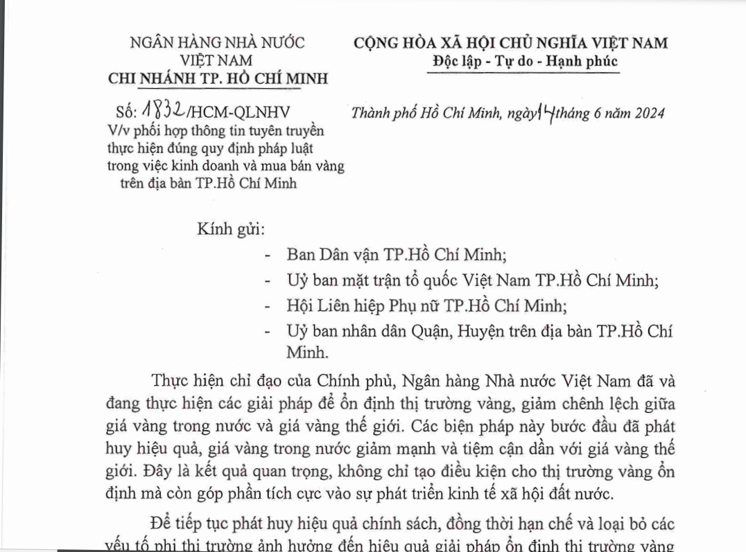 Thông báo từ Ngân hàng Nhà nước chi nhánh TP.HCM khuyến cáo người dân mua vàng miếng. 