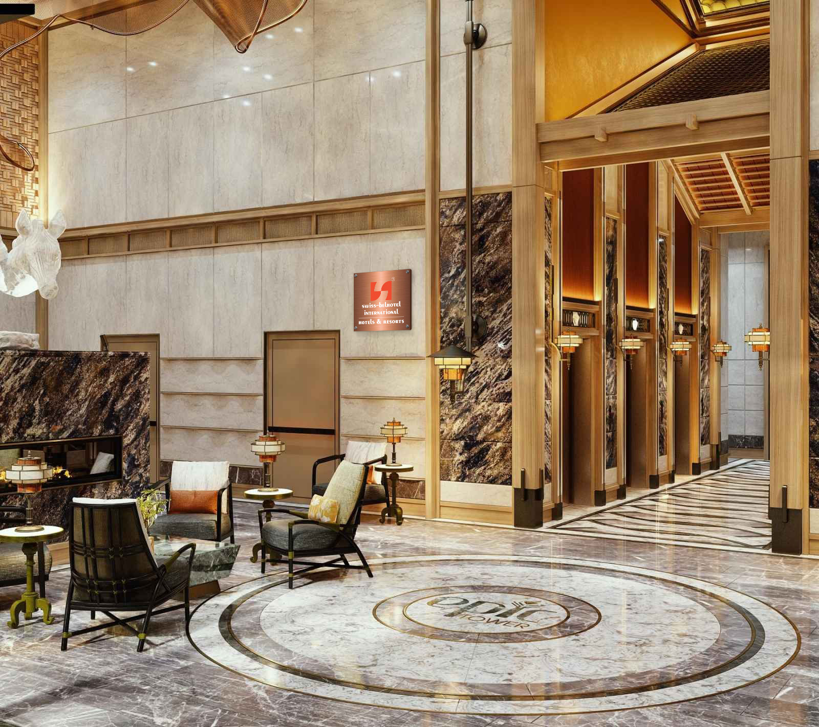 Không gian sảnh chờ lễ tân đậm chất Indochine tại dự án căn hộ dịch vụ Swiss-Belresidences Hanoi.