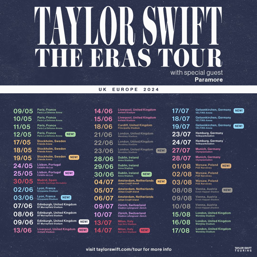 Lịch lưu diễn cúa Taylor Swift tại Anh và châu Âu hè này.