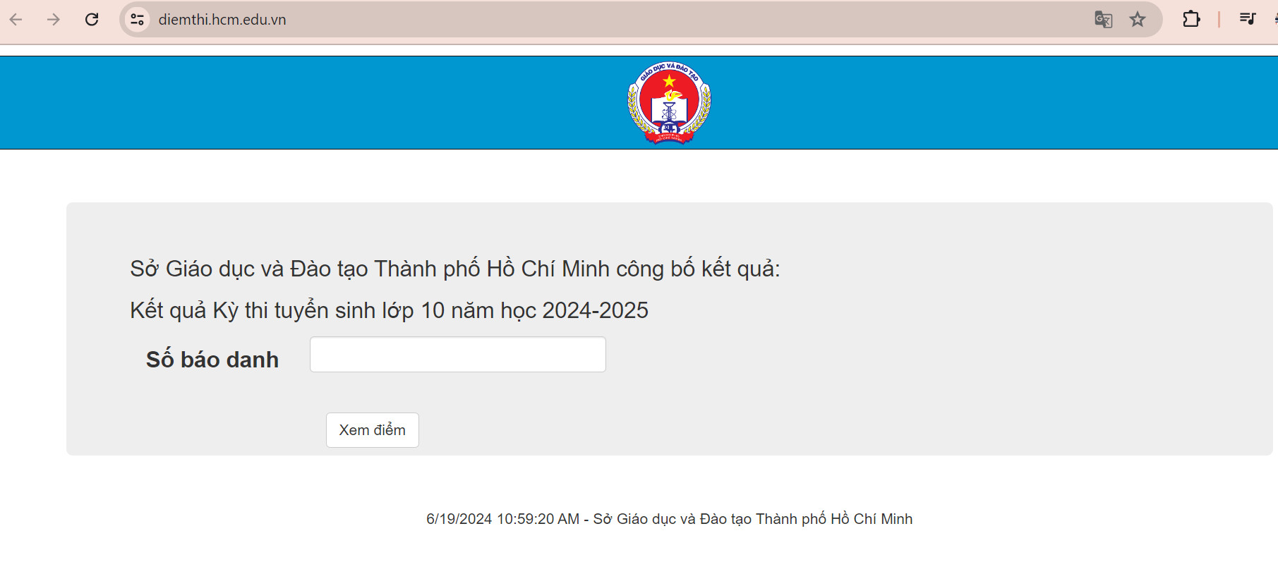 Giao diện website tra cứu điểm thi lớp 10 năm học 2024 - 2025 của Sở Giáo dục và Đào tạo Thành phố Hồ Chí Minh - Ảnh chụp màn hình.