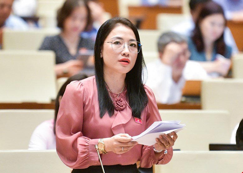 Đại biểu Trần Khánh Thu, đoàn Thái Bình thảo luận tại hội trường ngày 24/6.