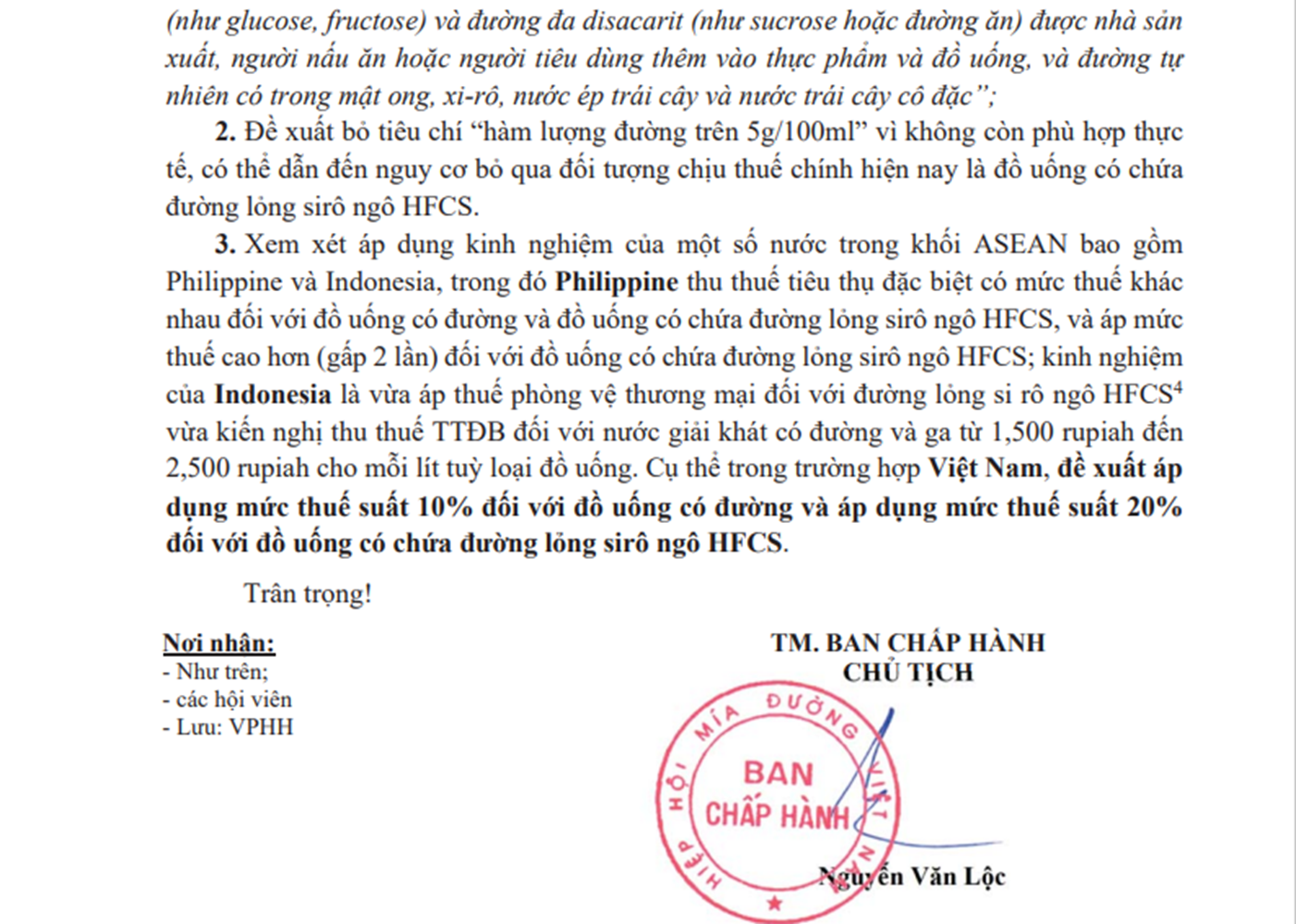 Công văn của Hiệp hội Mía đường Việt Nam.