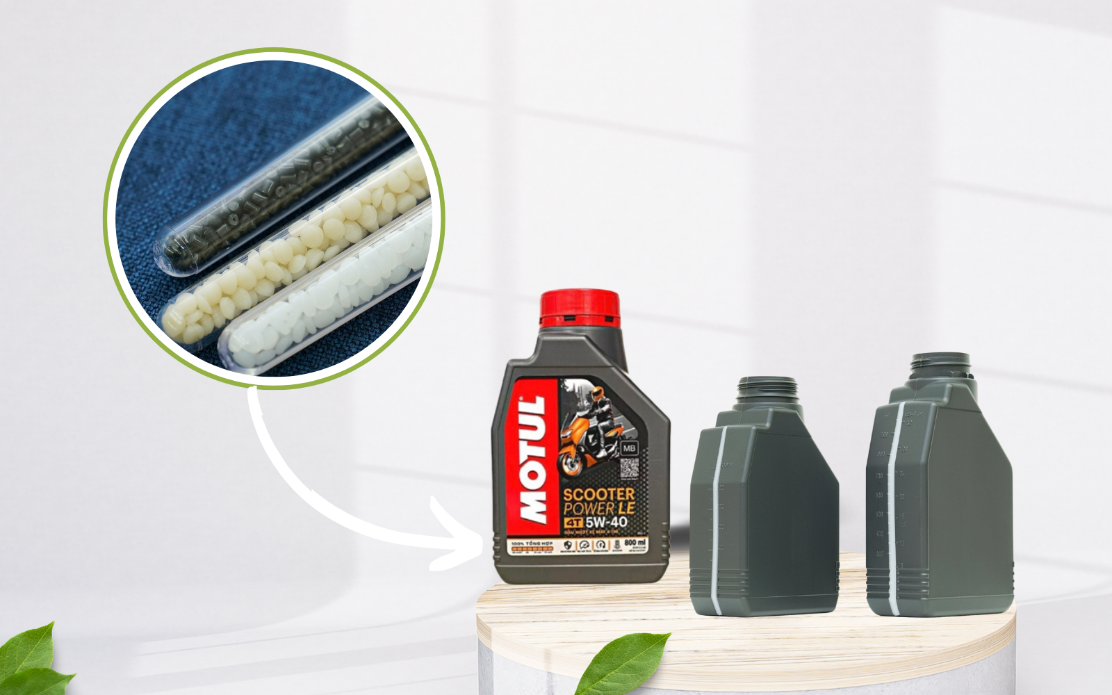 Sản phẩm bình làm từ 50% nhựa tái chế rHDPE và các hạt nhựa khác.