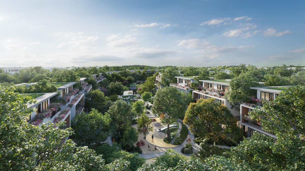 Mặt sau mỗi căn biệt thự tiếp gi&aacute;p với c&ocirc;ng vi&ecirc;n chủ đề.