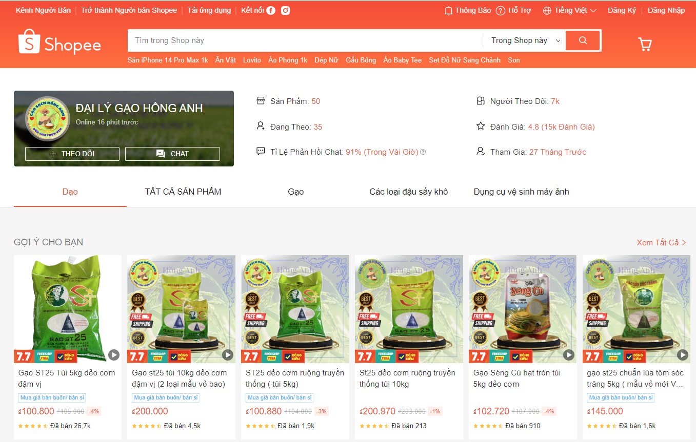 Tài khoản Shopee “Đại lý Gạo Hồng Anh” đăng bán sản phẩm “Gạo Ông Cua” .