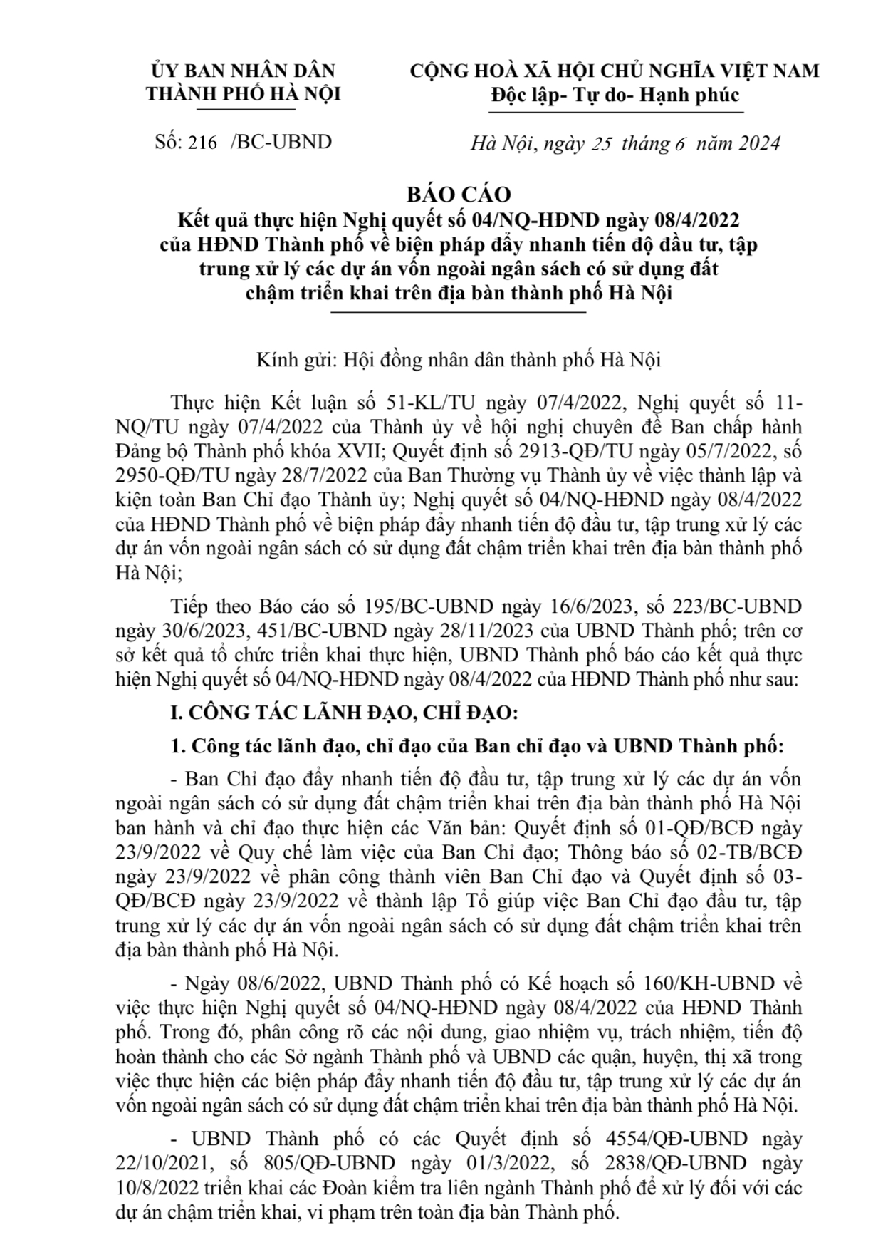 B&aacute;o c&aacute;o của UBND TP.H&agrave; Nội về 712 dự &aacute;n.
