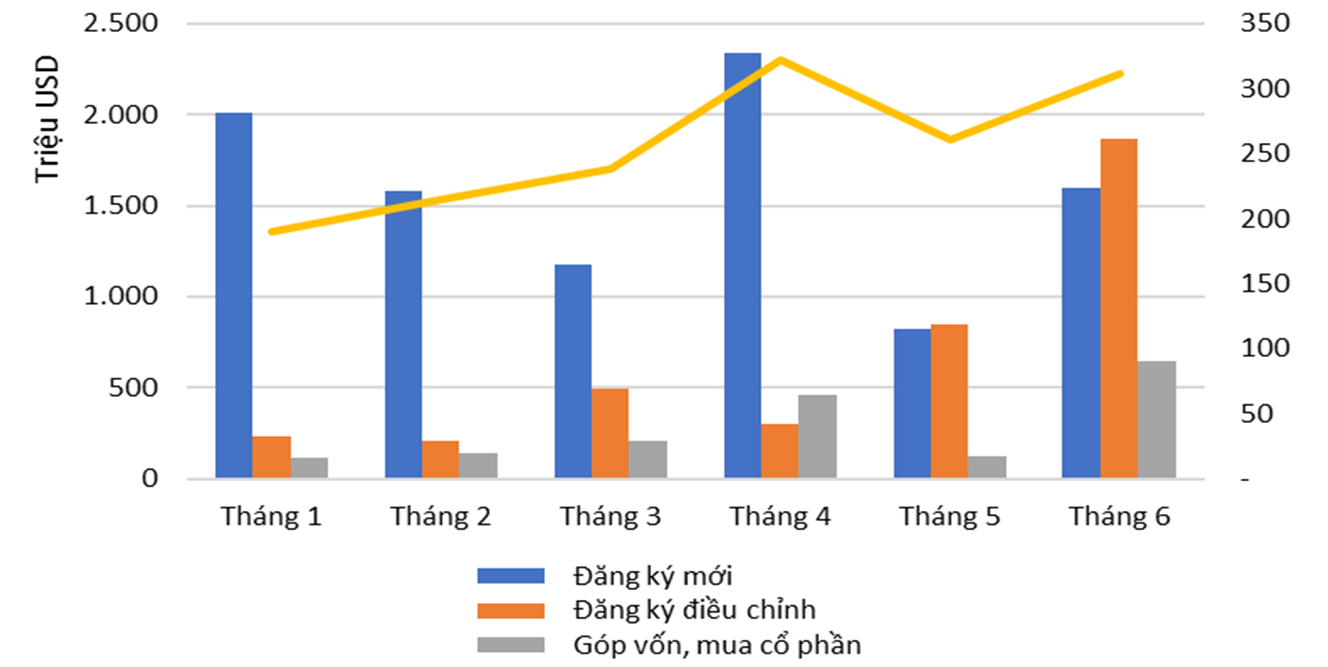 Vốn FDI 6 tháng đầu năm theo tháng.