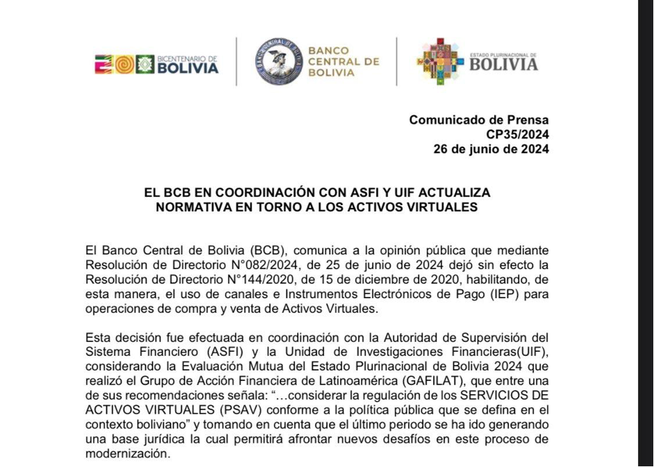Th&ocirc;ng b&aacute;o của ng&acirc;n h&agrave;ng Trung ương Bolivia về giao dịch tiền điện tử. Nguồn: Banco Central de Bolivia.