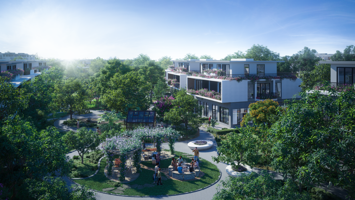 Mặt sau mỗi căn biệt thự l&agrave; nơi &ocirc;ng b&agrave;, cha mẹ c&oacute; thể thư th&aacute;i uống tr&agrave;, con nhỏ được thỏa sức n&ocirc; đ&ugrave;a nơi b&atilde;i cỏ.