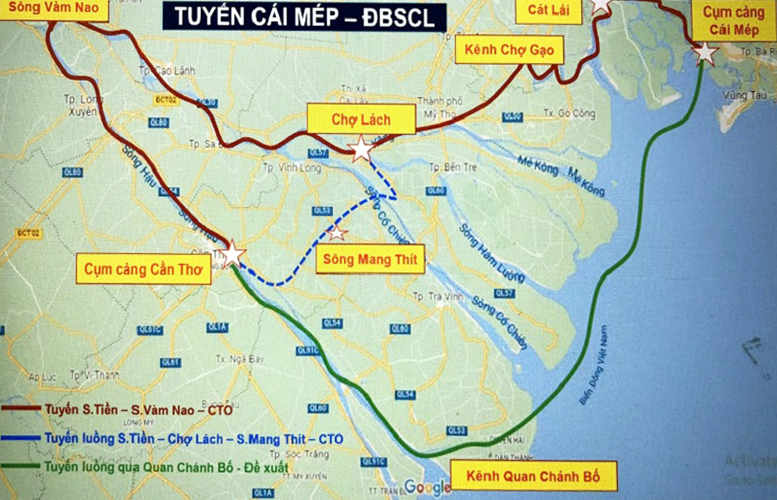 Sơ đồ thủy trình tuyến mẫu Cần Thơ - kênh Quan Chánh Bố - Cụm cảng Cái Mép - Cát Lái - Cần Thơ. Ảnh: Visaba.