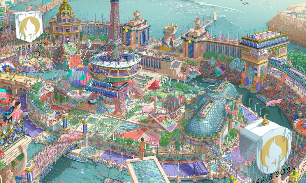 Poster chính thức của Thế vận hội Olympic Paris 2024, được thực hiện bởi nghệ sĩ Ugo Gattoni.