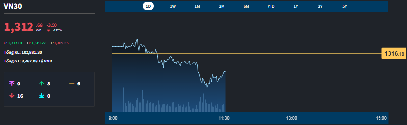 Chỉ số VN30-Index cho thấy c&aacute;c blue-chips chịu sức &eacute;p từ rất sớm.