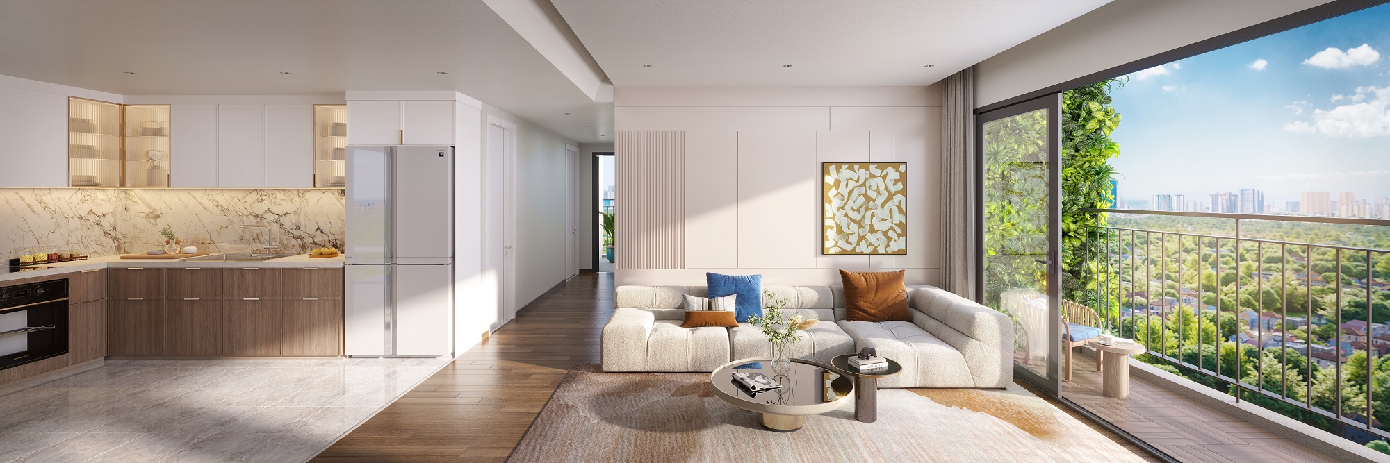 Thiết kế nối liền không gian bếp và phòng khách mang đến cảm giác rộng rãi, thoải mái cho căn hộ.