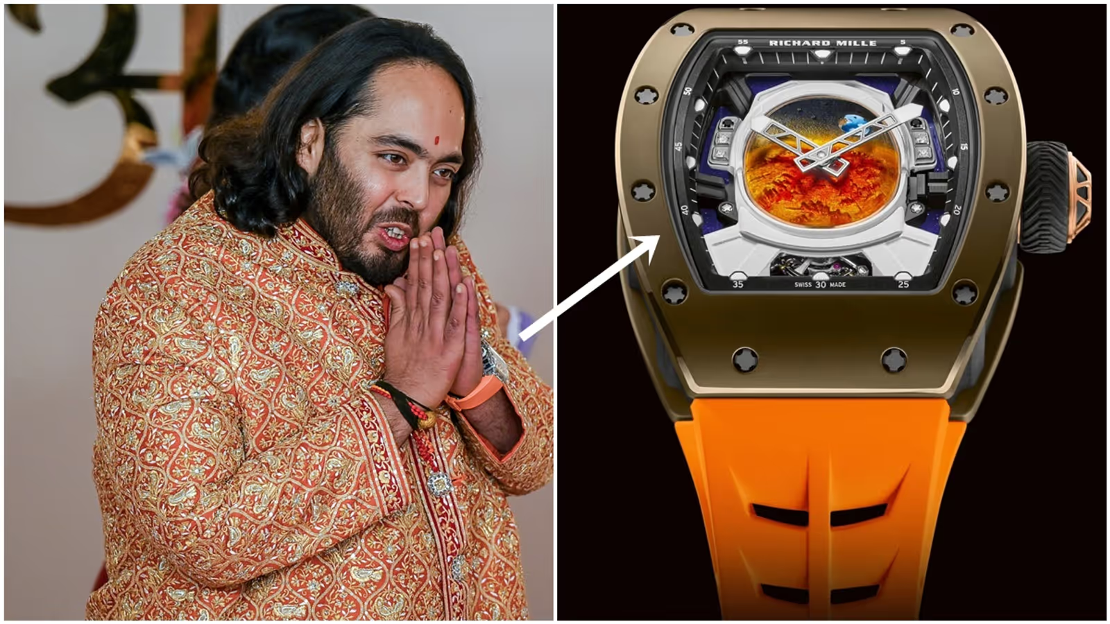 Anant Ambani gây chú ý khi đeo đồng hồ Richard Mille trị giá 6,5 triệu USD trong siêu tiệc cưới. 