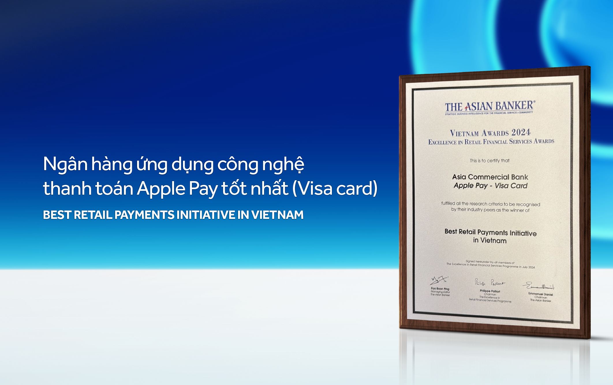 Chứng nhận Ngân hàng ứng dụng công nghệ thanh toán Apple Pay tốt nhất dành cho ACB từ The Asian Banker.