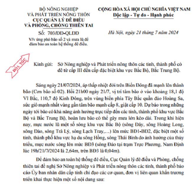 Công văn của Cục Quản lý đê điều và Phòng, chống thiên tai.