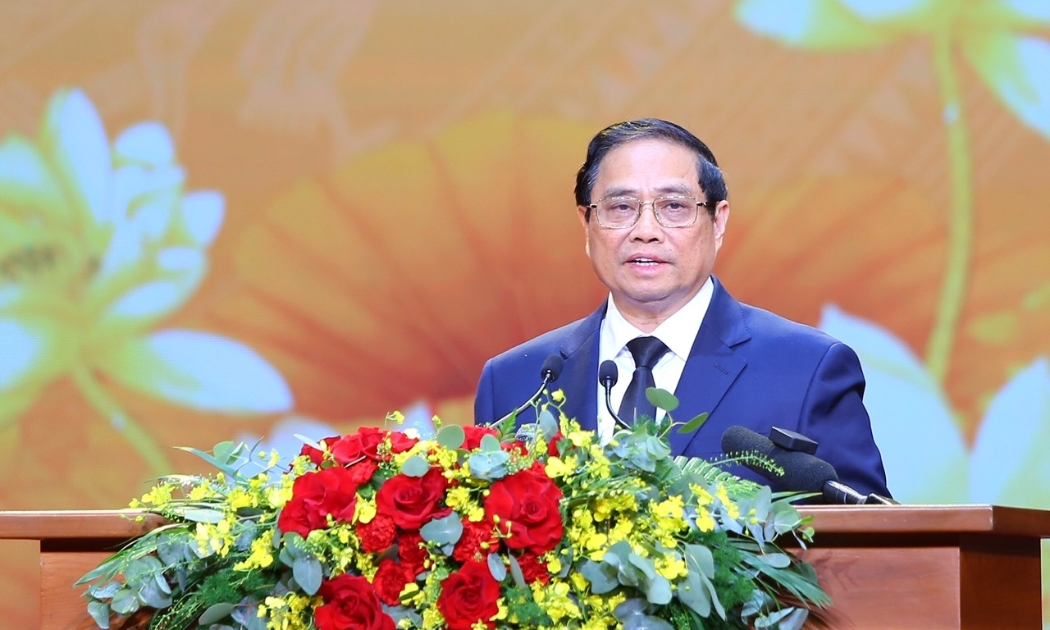 Thủ tướng Chính phủ Phạm Minh Chính phát biểu tại hội nghị tri ân người có công với cách mạng. Ảnh: Mạnh Dũng.