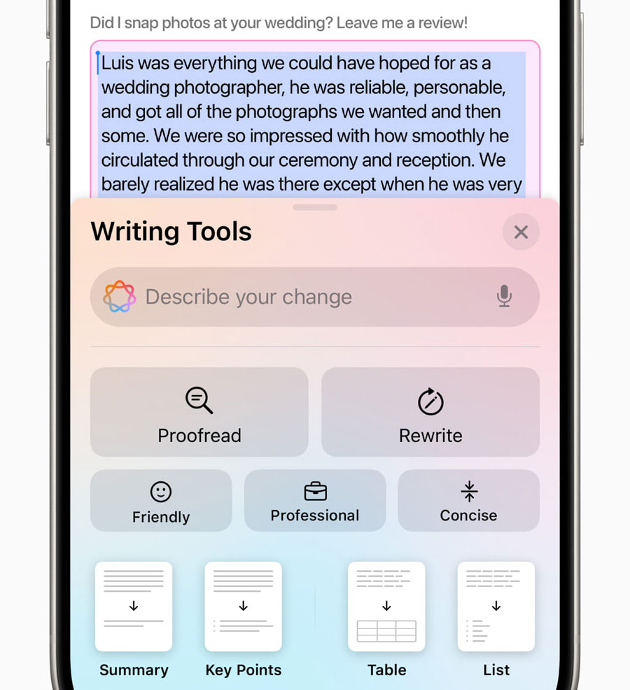 Writing Tools được t&iacute;ch hợp trong to&agrave;n bộ ứng dụng tr&ecirc;n iPhone.