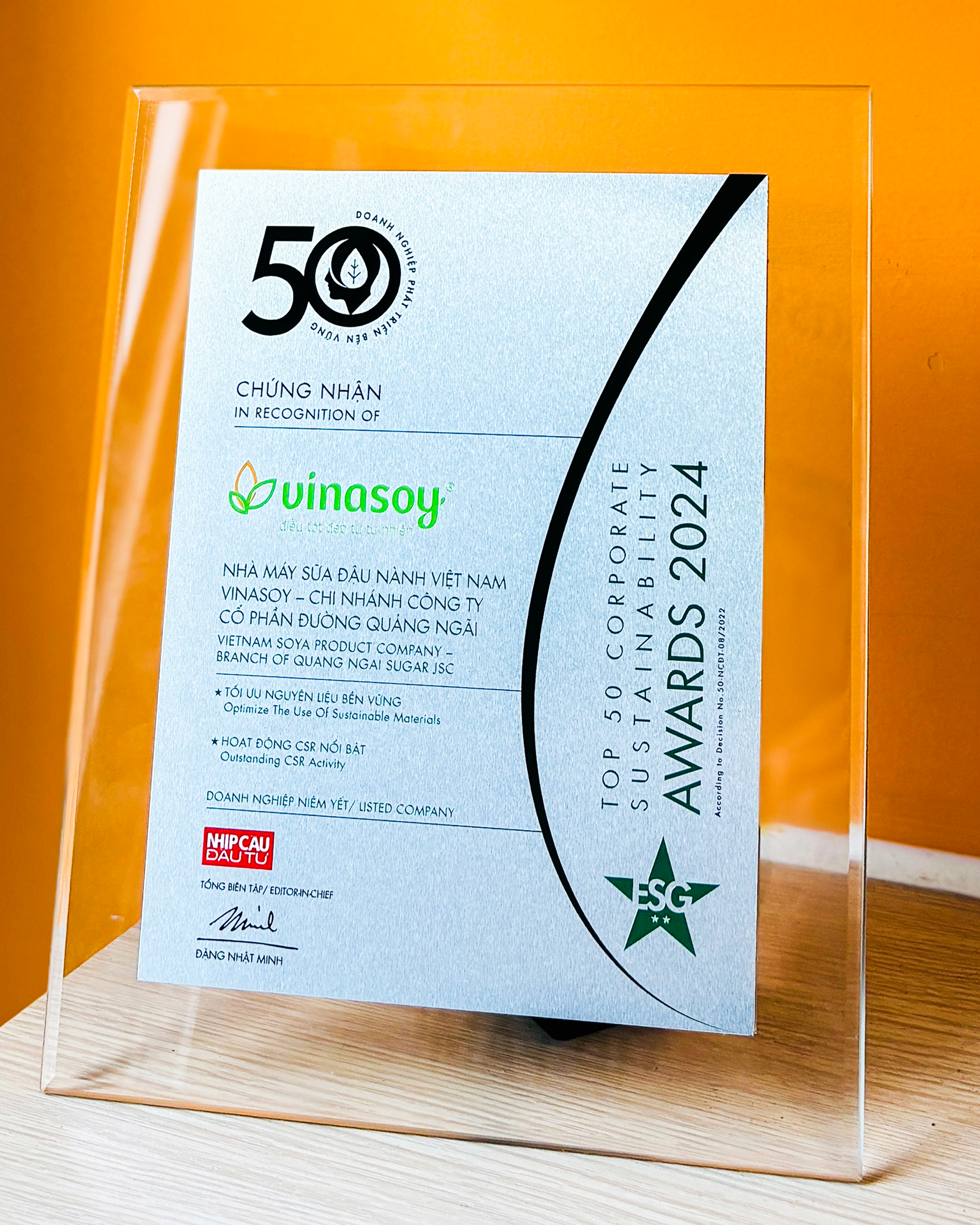 Vinasoy được vinh danh trong Top 50 Doanh nghiệp Ph&aacute;t triển Bền vững Ti&ecirc;u biểu 2024.