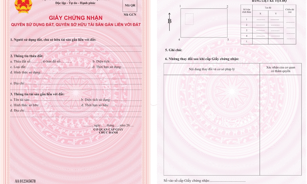 Mẫu Giấy chứng nhận quyền sử dụng đất, quyền sở hữu tài sản gắn liền với đất sẽ có mã QR.