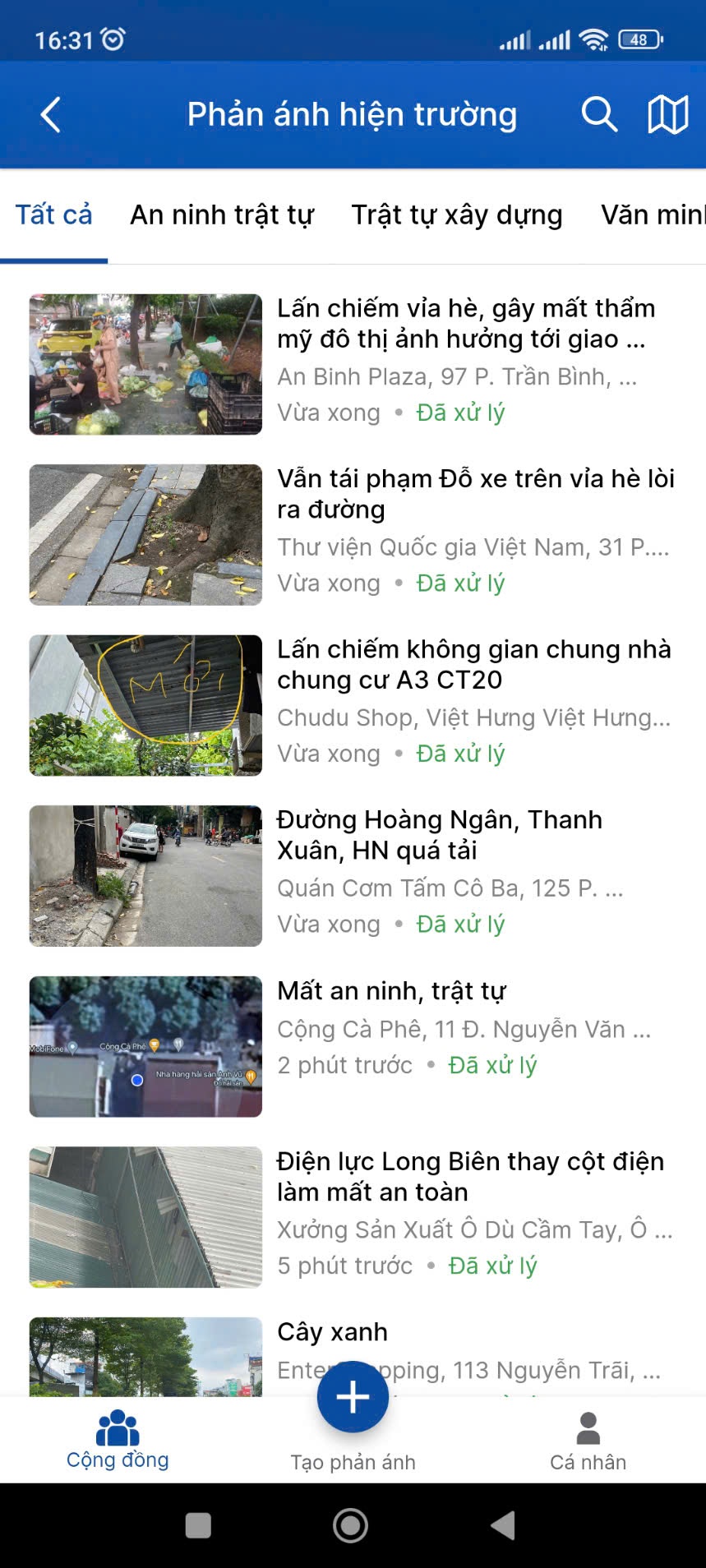 Các kiến nghị phản ánh hiện trường trên ứng dụng iHanoi.