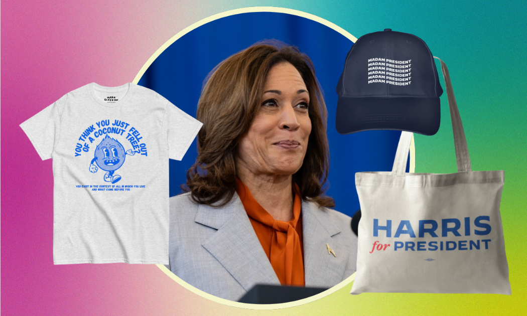 Một số đồ lưu niệm thuộc chiến dịch tranh cử Tổng thống Mỹ của bà Kamala Harris. Ảnh: Her Campus