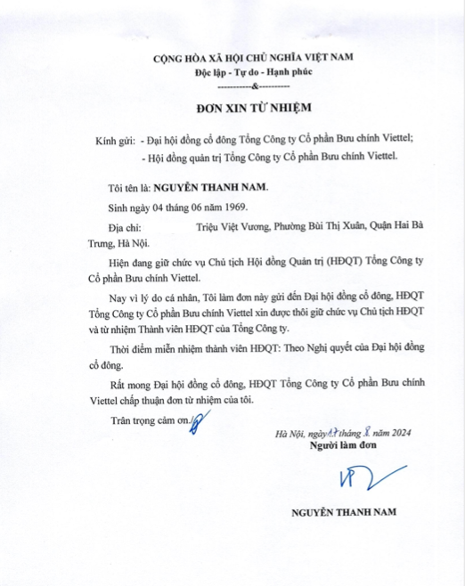 Đơn từ nhiệm của ông Nguyễn Thanh Nam - Nguồn: Viettel Post.