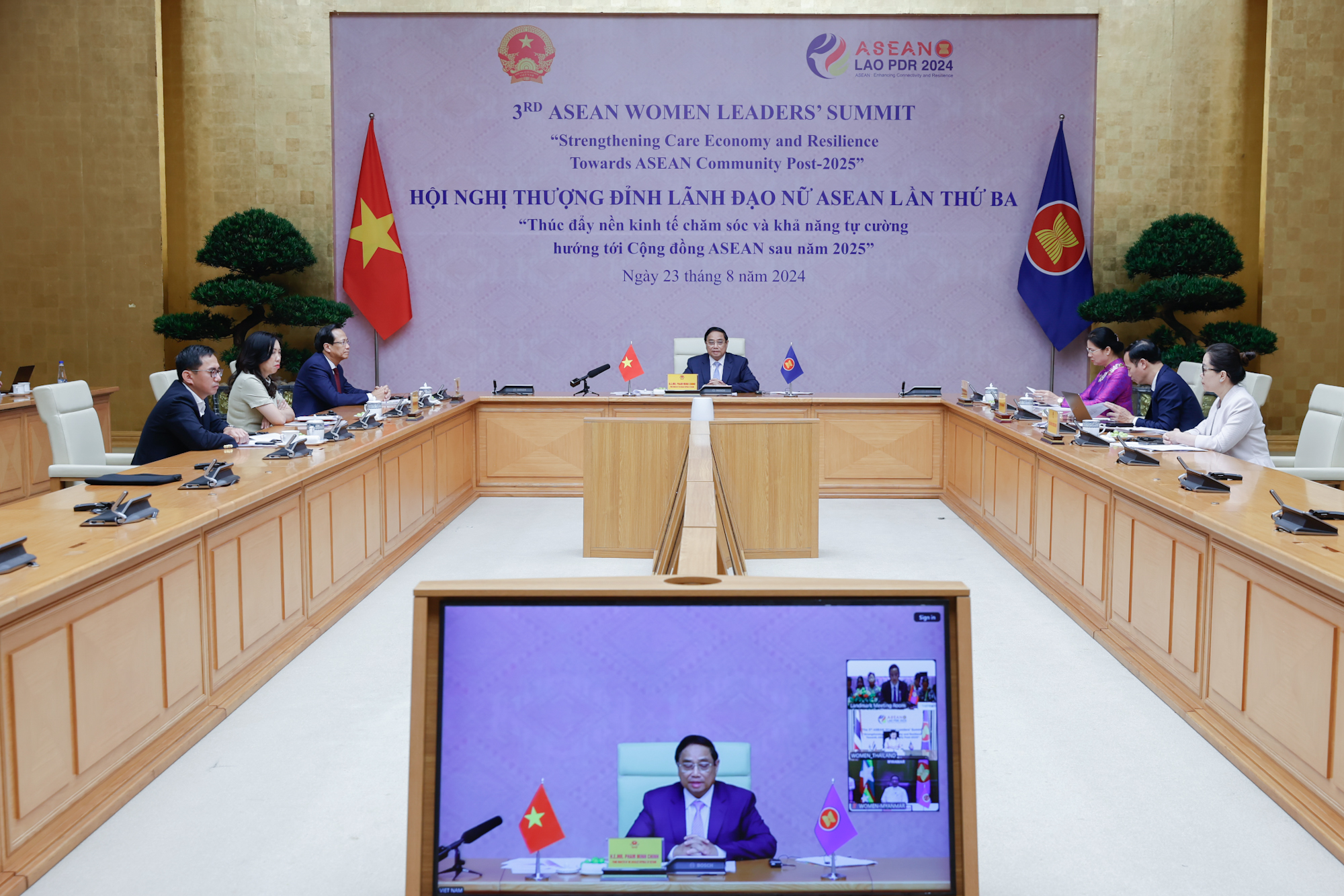 Thủ tướng Chính phủ Phạm Minh Chính phát biểu trực tuyến tại Hội nghị Thượng đỉnh Lãnh đạo nữ ASEAN lần thứ ba. Ảnh: VGP.