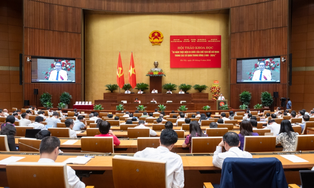 Chủ tịch Quốc hội Trần Thanh Mẫn phát biểu tại Hội thảo khoa học “55 năm thực hiện Di chúc của Chủ tịch Hồ Chí Minh trong các cơ quan Trung ương”.