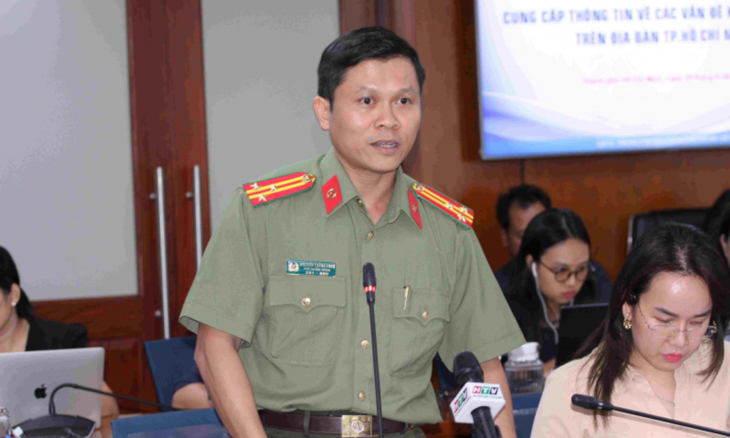 Thượng tá Nguyễn Thăng Long, Phó trưởng Phòng Tham mưu Công an TP.HCM, tại Trung tâm Báo chí TP.HCM, chiều 29/8.