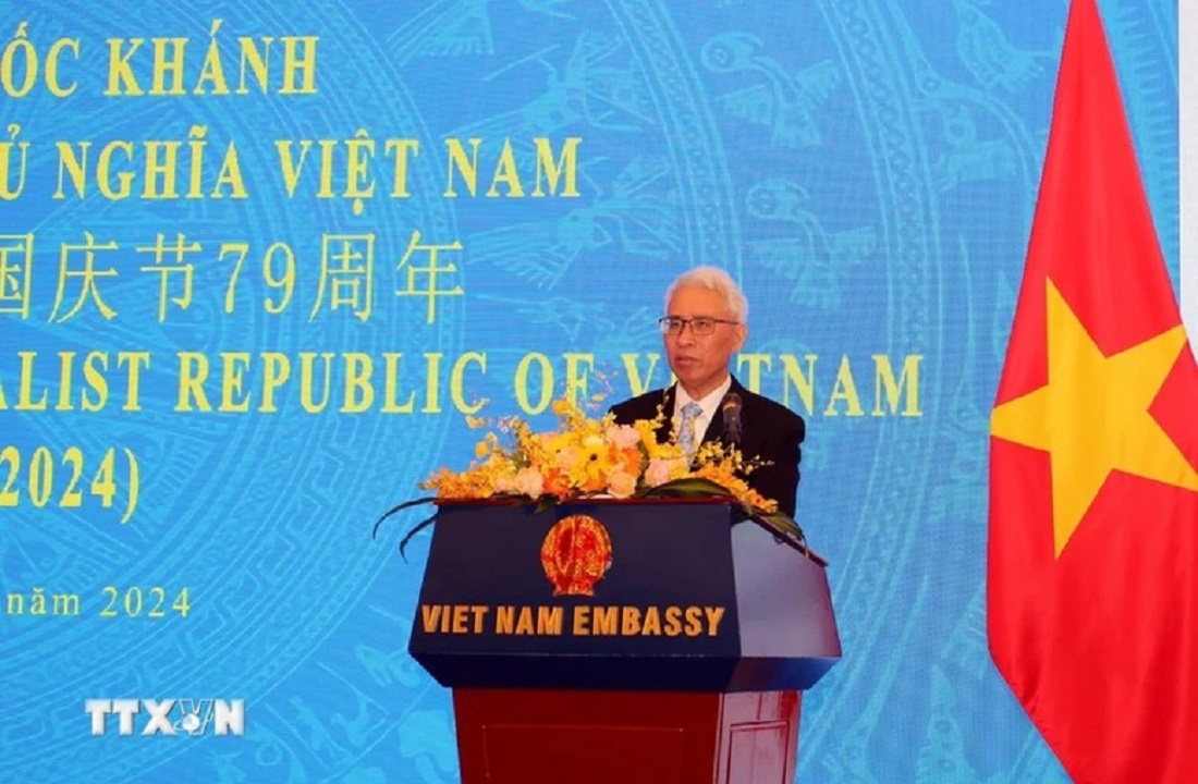 Đại sứ Việt Nam tại Trung Quốc Phạm Sao Mai ph&aacute;t biểu tại Lễ kỷ niệm Quốc kh&aacute;nh 2/9. Ảnh: TTXVN.