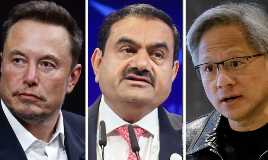 Từ trái qua: các tỷ phú Elon Musk, Gautam Adani và Jensen Huang - Ảnh: CNBC.