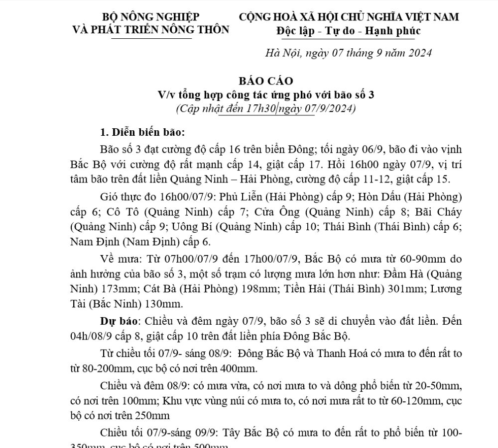 Báo cáo của Bộ Nông nghiệp và Phát triển nông thôn