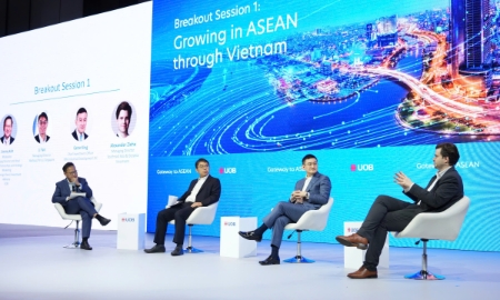 Các diễn giả tại phiên thảo luận mang tên “Phát triển tại ASEAN thông qua Việt Nam”, từ trái qua phải gồm: Ông Jimmy Koh, Giám đốc Quan hệ đối tác và Tiếp thị chiến lược, Khối Tư vấn đầu tư nước ngoài, Ngân hàng UOB (Singapore) trong vai trò điều phối; Ông Li Fan, Giám đốc Điều hành Warburg Pincus; Ông Gene King, Giám đốc Đầu tư BW Industrial; Ông Alexandar Ziehe, Tổng Giám đốc Viessmann Đông Nam Á và Châu Đại dương.