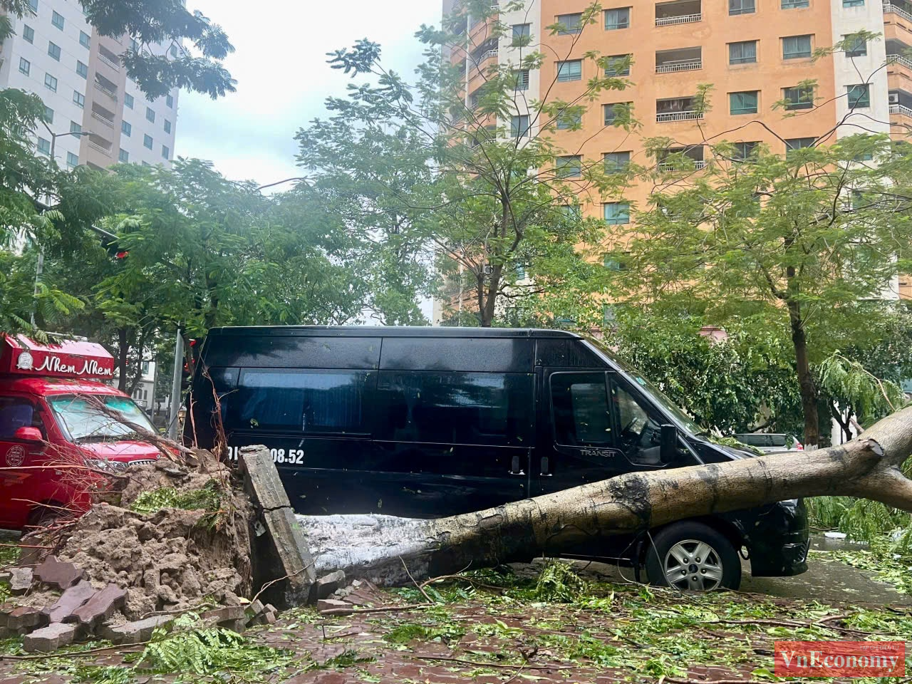 Cây đổ ngổn ngang trong khuôn viên các khu đô thị trên đường Trung Hòa, Trần Duy Hưng, Trần Đạo Thúy...