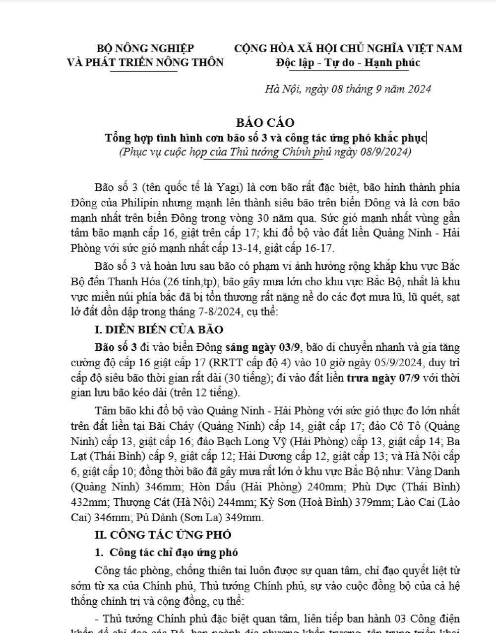 Báo cáo của Bộ Nông nghiệp và Phát triển nông thông sáng 8/9/2024