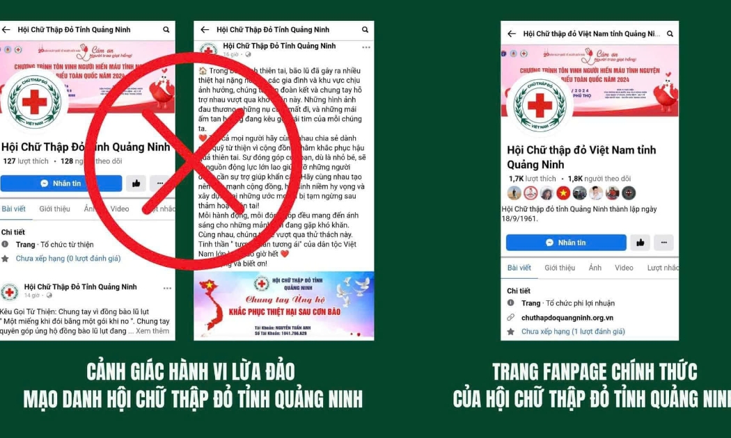 Đã xuất hiện Fanpage giả mạo Hội Chữ thập đỏ tỉnh Quảng Ninh để lừa đảo.