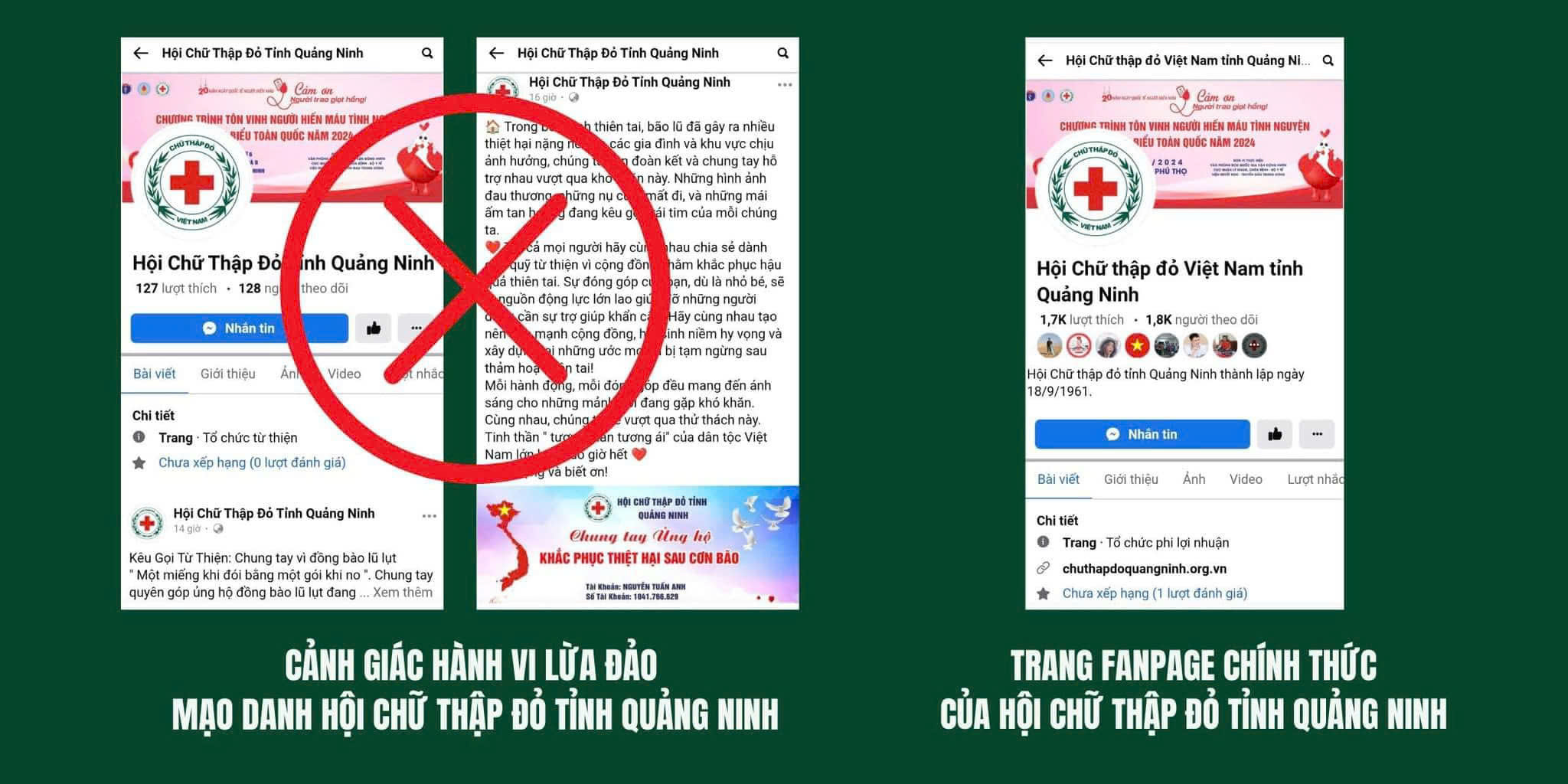 Đã xuất hiện Fanpage giả mạo Hội Chữ thập đỏ tỉnh Quảng Ninh để lừa đảo.