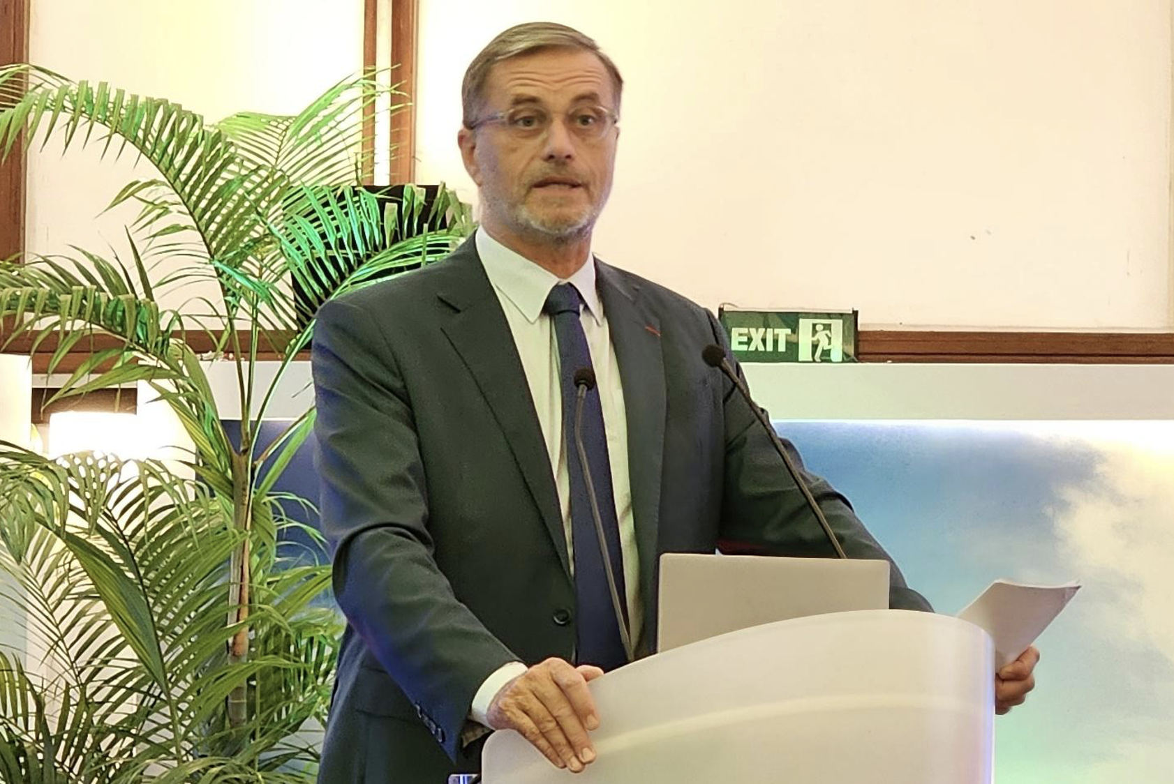 French Ambassador to Vietnam, H.E. Olivier Brochet, speaking at the press conference at the French Embassy. (Photo: Dinh Pham Tran)