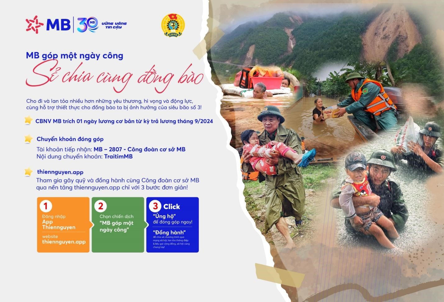 “MB góp một ngày công” - Chiến dịch nội bộ của MB nhằm gây quỹ cho những địa phương vùng bão lũ.